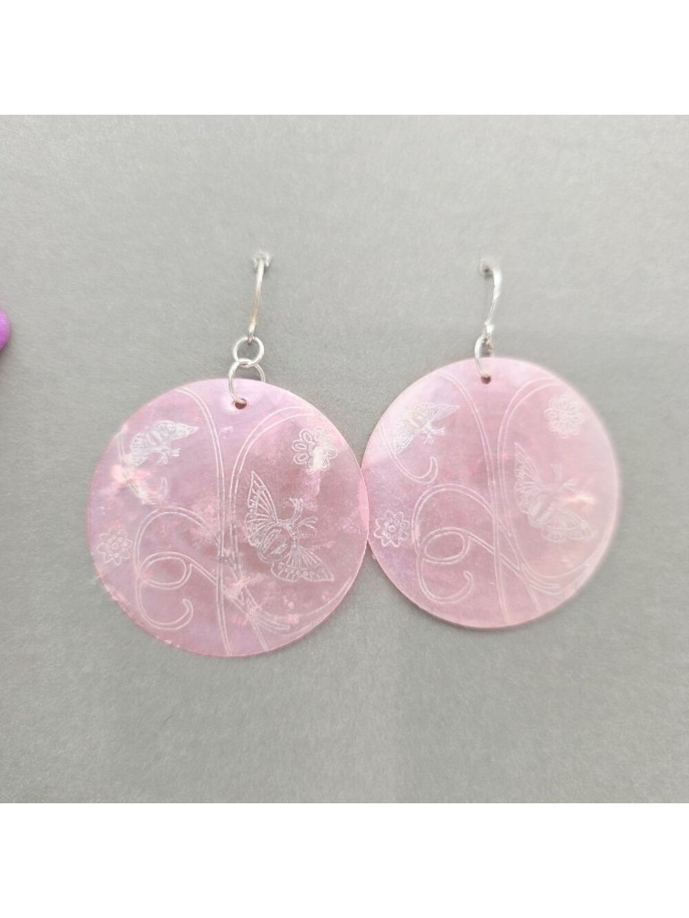 Round Pink Shell Earrings With Butterfly & Floral Engraving Design 2.5"